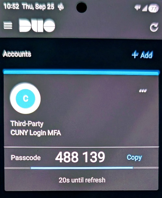Duo Accounts screen with a passcode