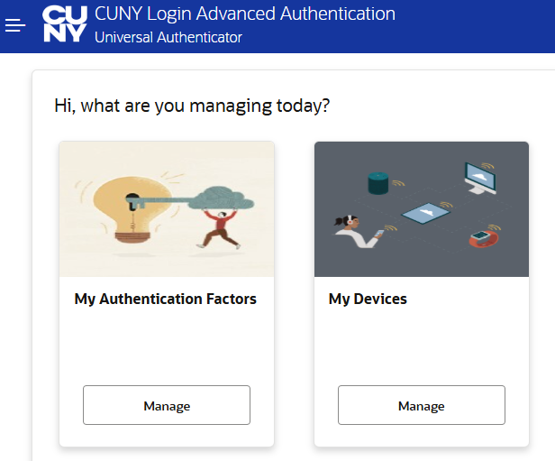 My Authentication landing screen