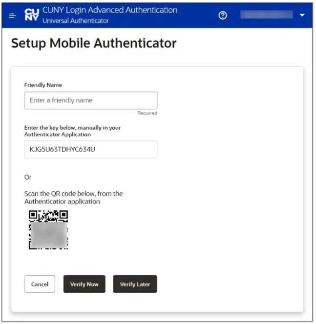 Setup Mobile Authenticator Screen